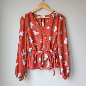 Orange Floral Long Sleeve Wrap Top